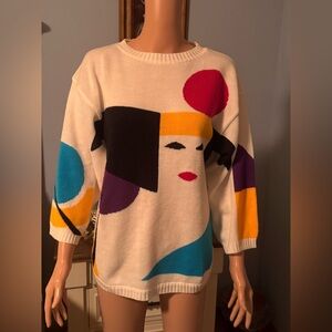 Vintage 80s Newcomer Pop Art Face Sweater Women’s L Korea Abstract Color-block